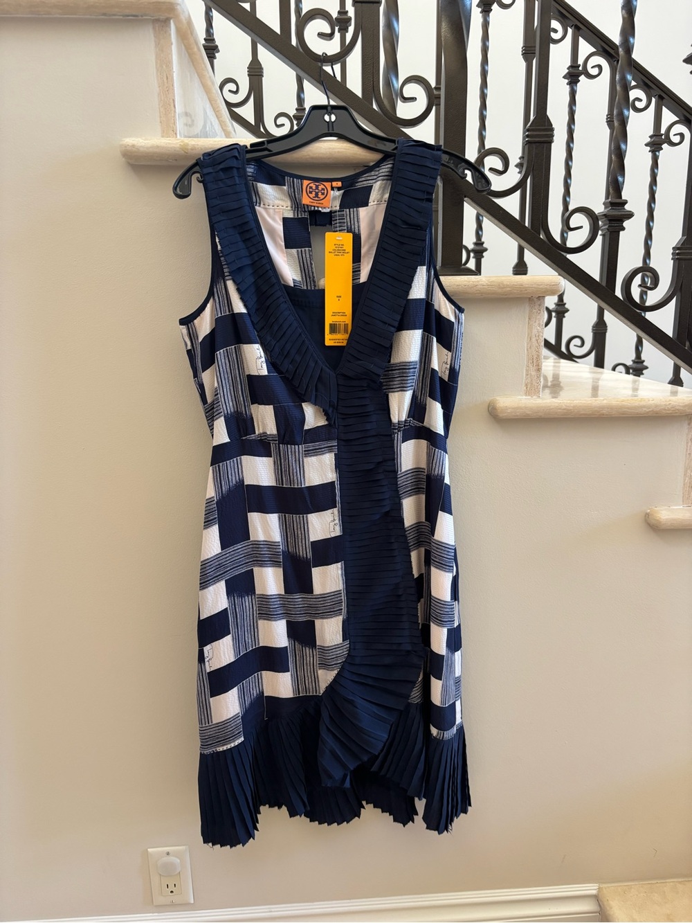 Tory Burch Navy and White Pleated V-Neck Mini Dress
